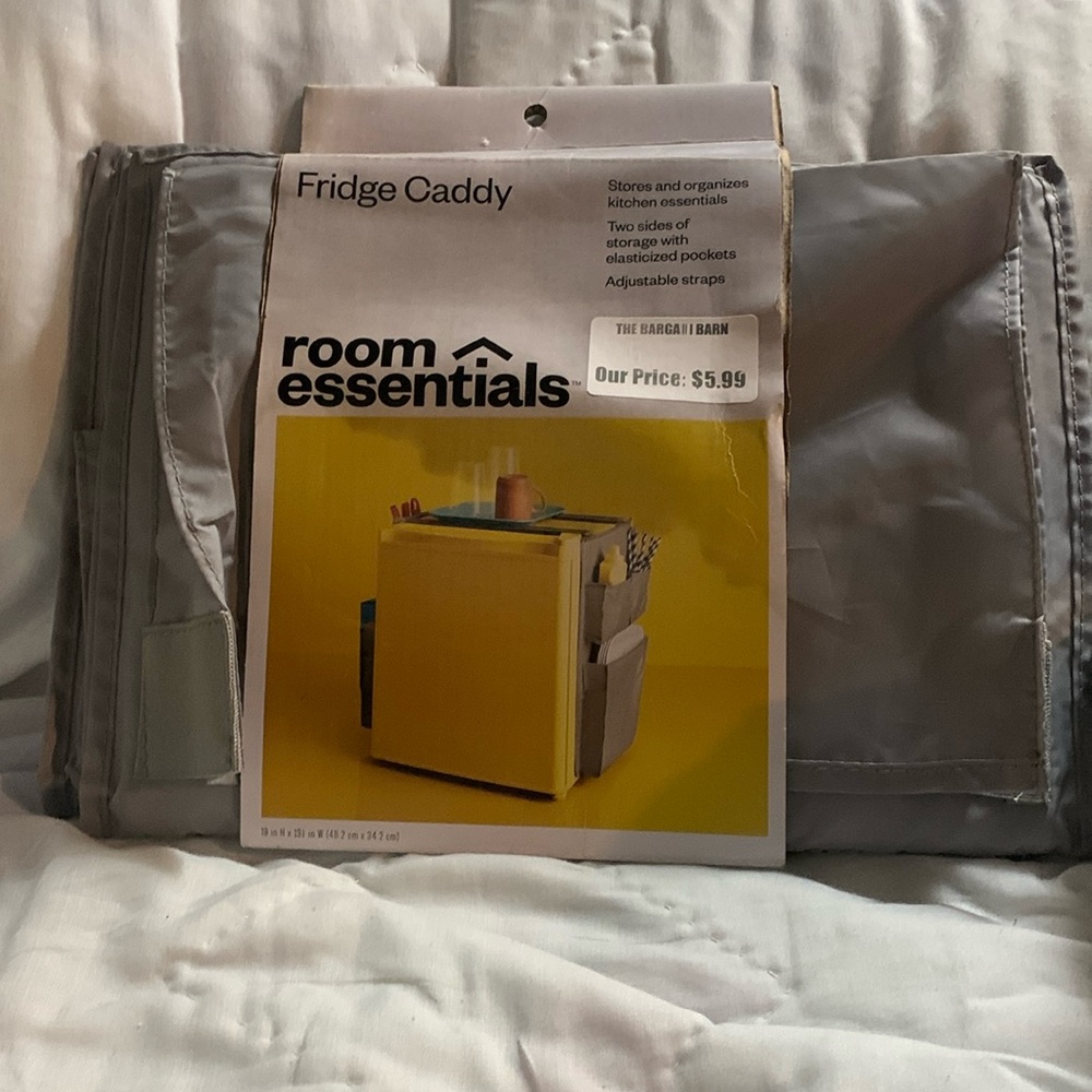 Fridge caddy for a dorm refrigerator.